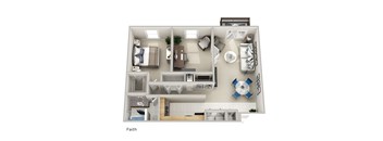 a stylized floor plan with a bedroom and a living room